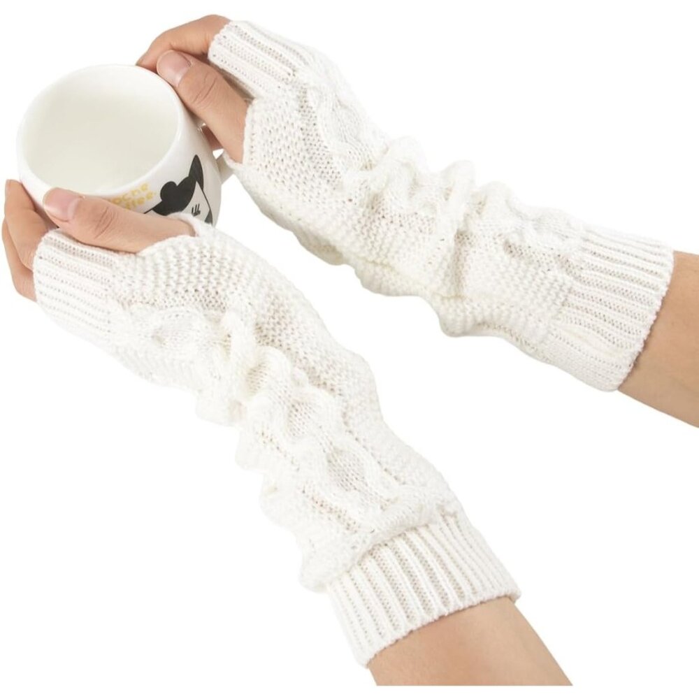 Women's White Knitted Cozy Ribbed Arm Long Fingerless Warmers Wrist Gloves